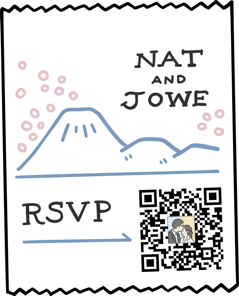 RSVP ticket — Nat and Jowe, with QR code
